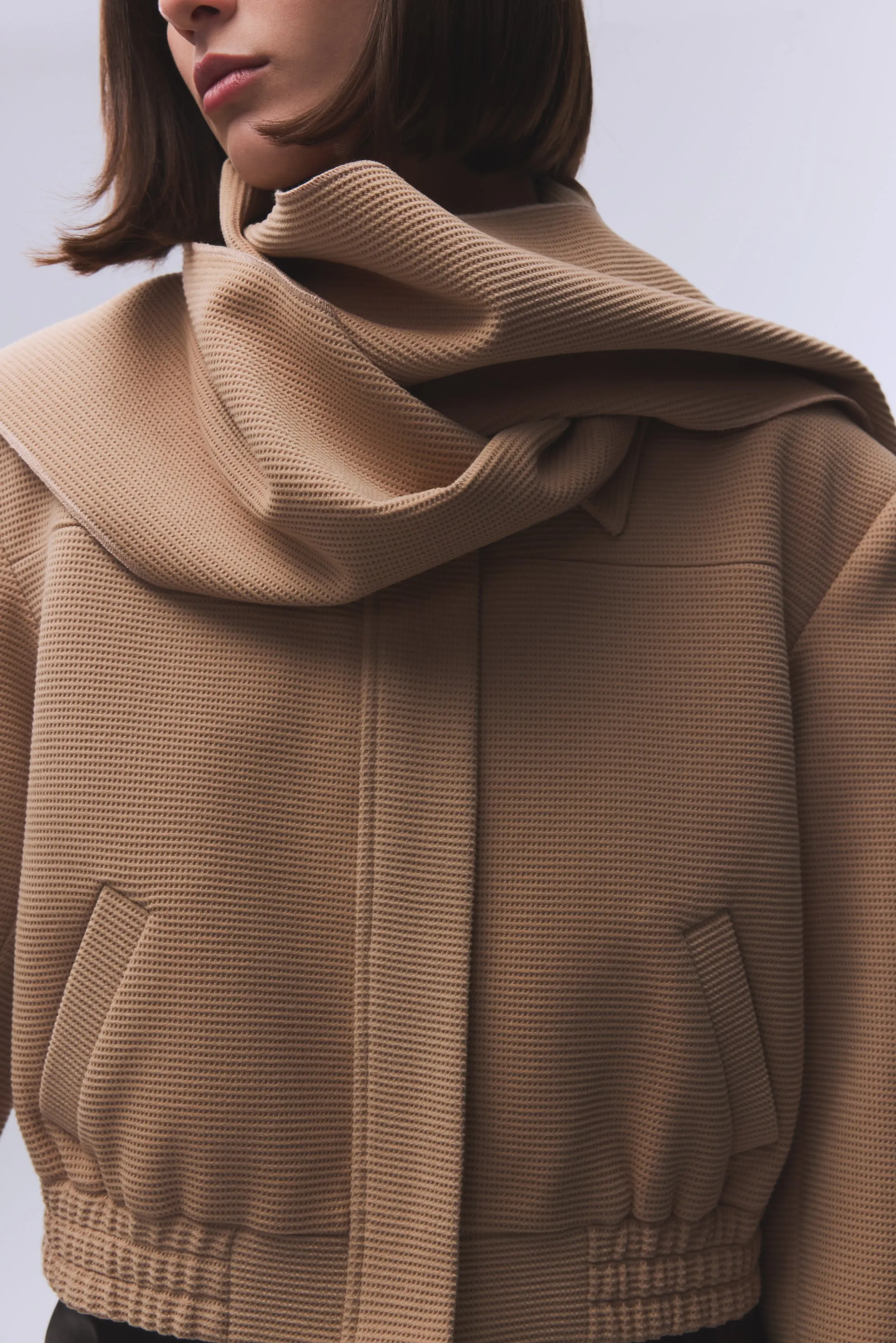 CAMEL TEXTURED SCARFDETAILED JACKET