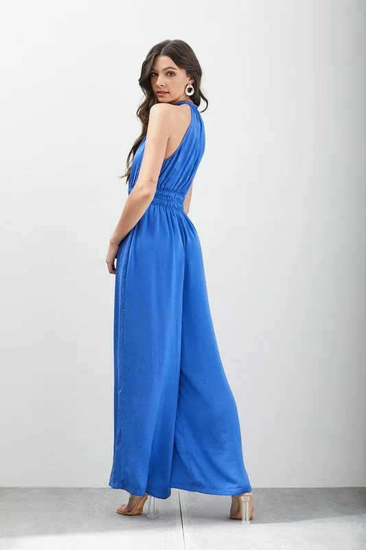 Capri Blue Halter Wide Leg Sleeveless Jumpsuit