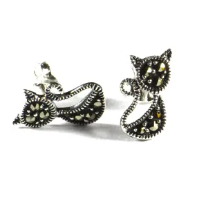 Cat silver studs earring with marcasite