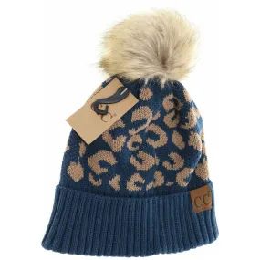 C.C ANIMAL PRINT BEANIE WITH POM (BLUE)