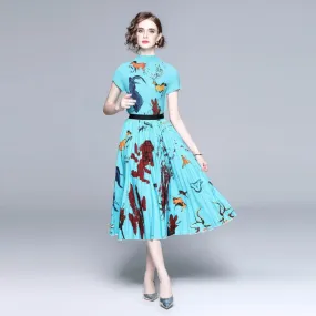 Chic Ethnic Style Printed Stand Collar Two-Piece Pleated Fashion Suit Set in Mesh Fabric