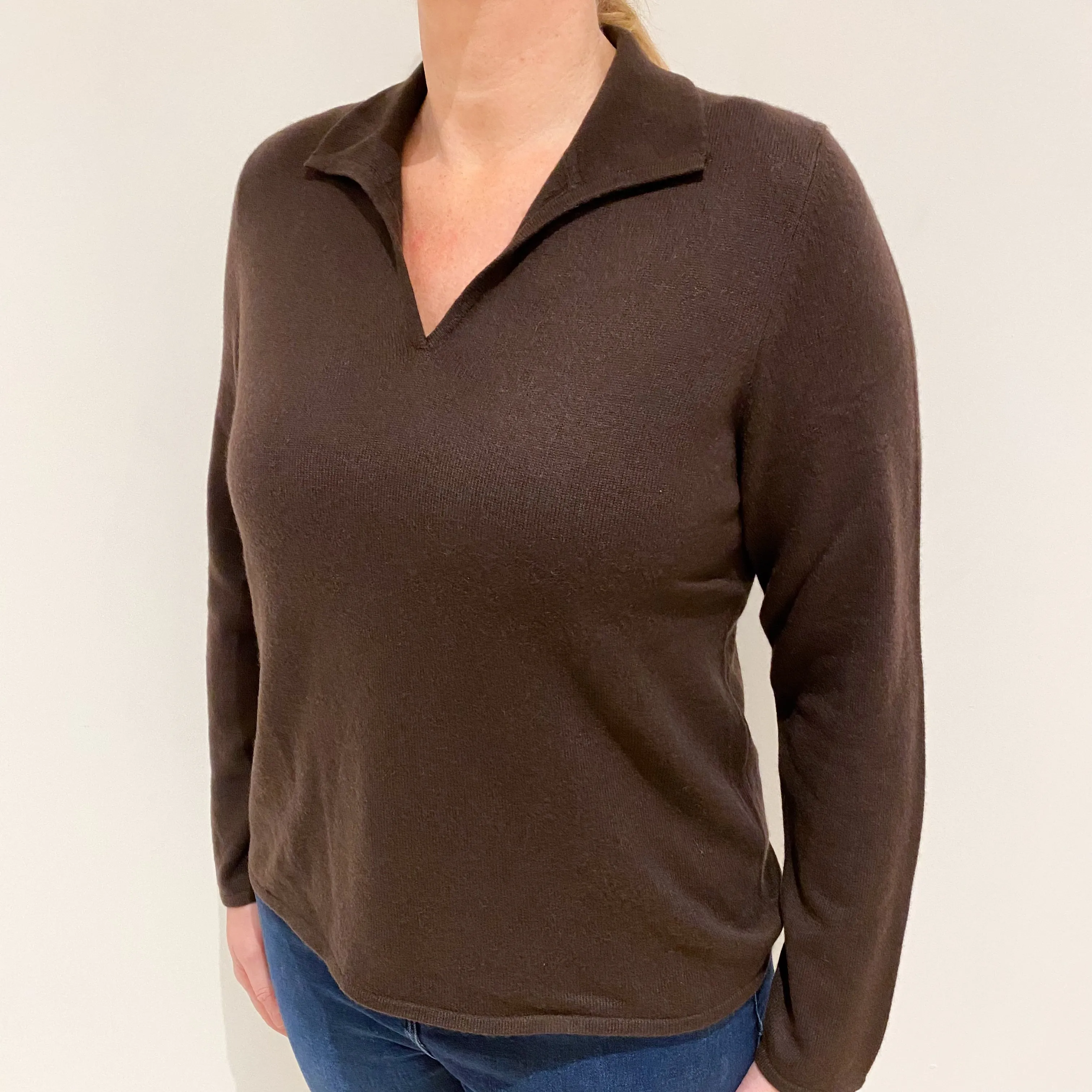 Chocolate Brown Cashmere Collared V-Neck Jumper Large