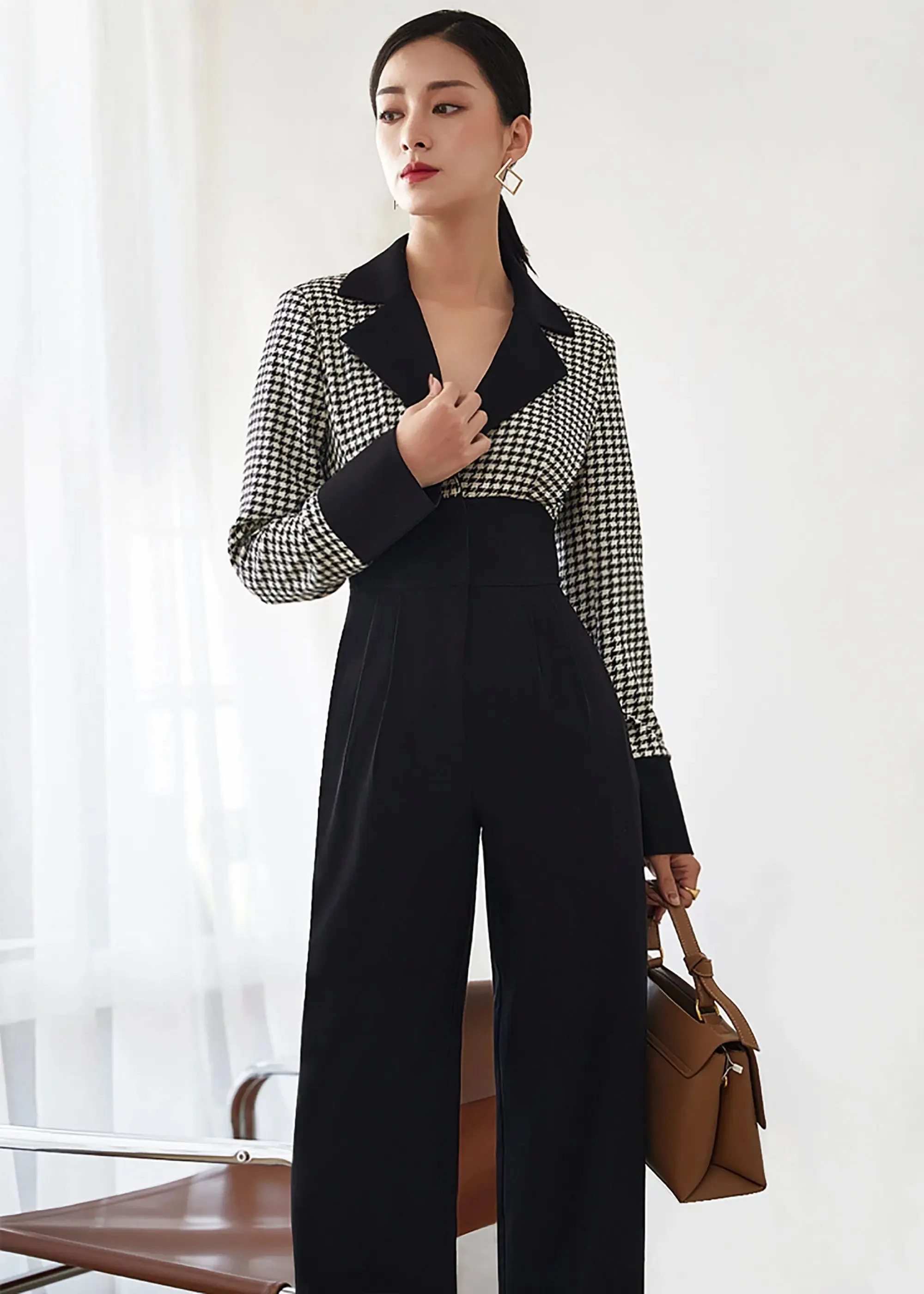 Colorblock Plaid Notched Collar Jumpsuit