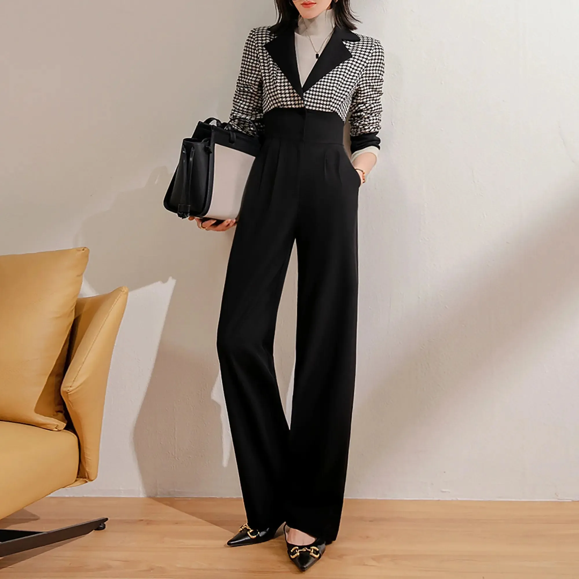 Colorblock Plaid Notched Collar Jumpsuit