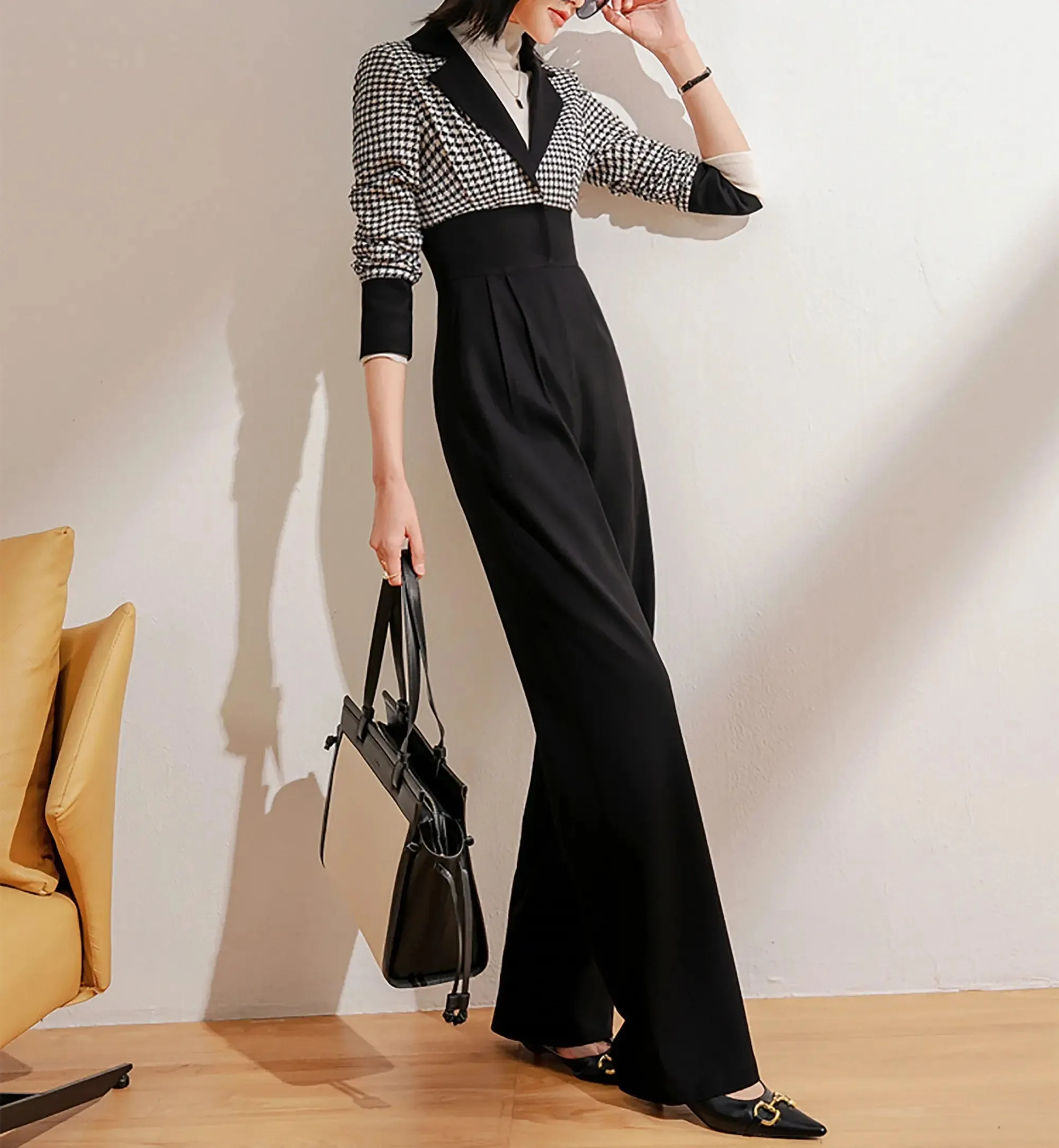 Colorblock Plaid Notched Collar Jumpsuit