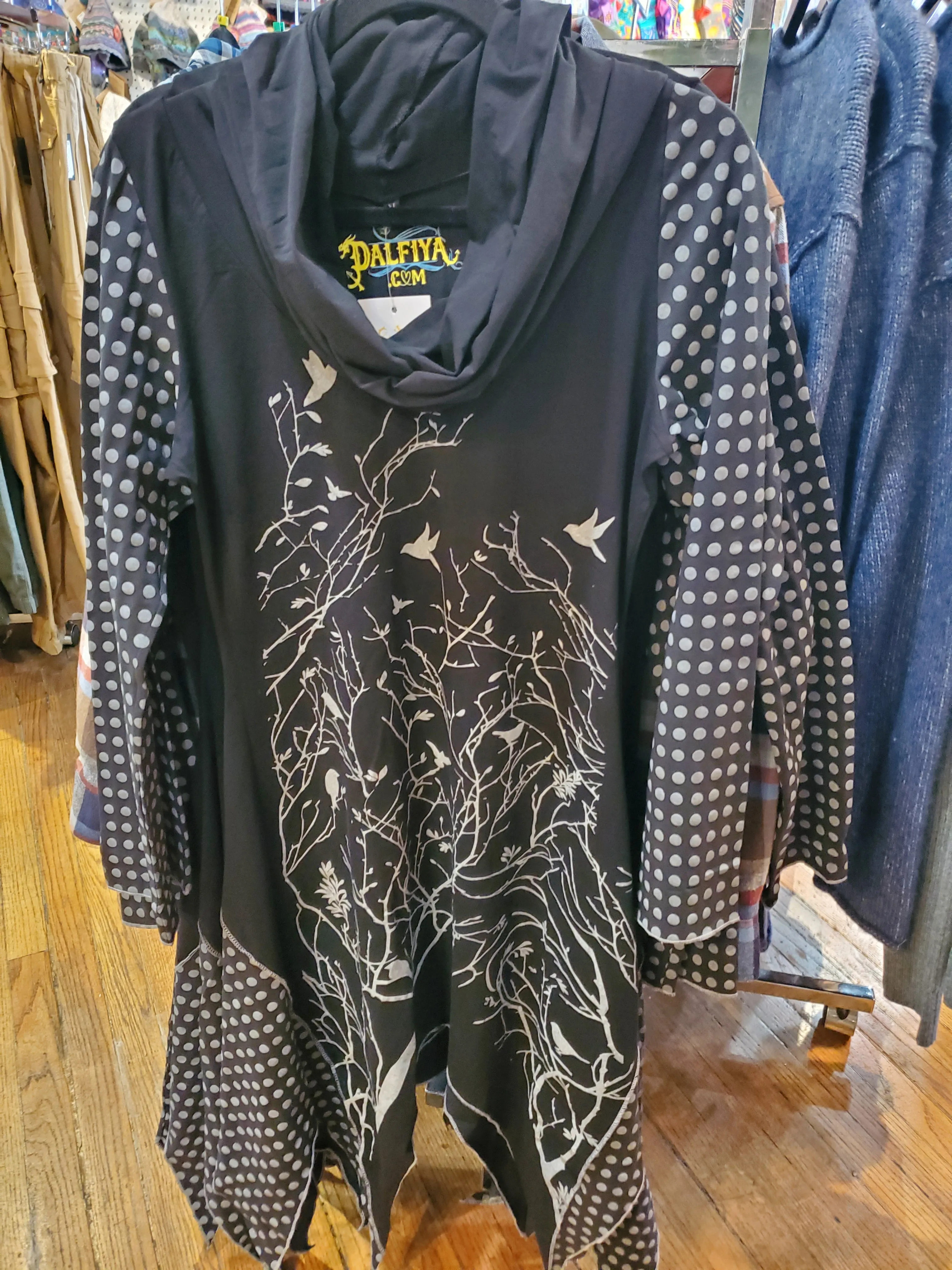 Cowl Neck Tunic with Bird Winter Forest Print on Black Cotton