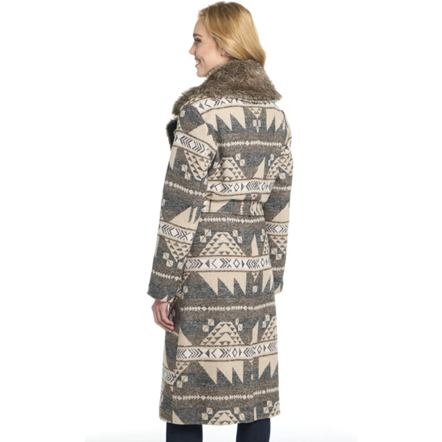 Cripple Creek Womens Belted Navajo Blanket Snap Wood Ash Polyester Duster Coat