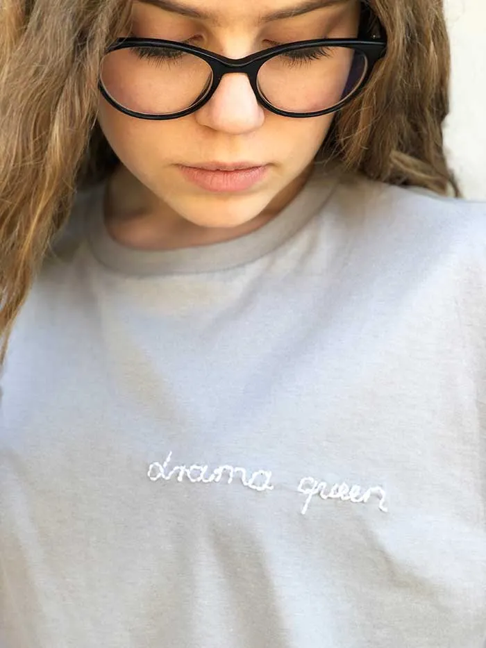 Custom Phrase Embroidery T-Shirt, Cozy T shirt with Drama queen text