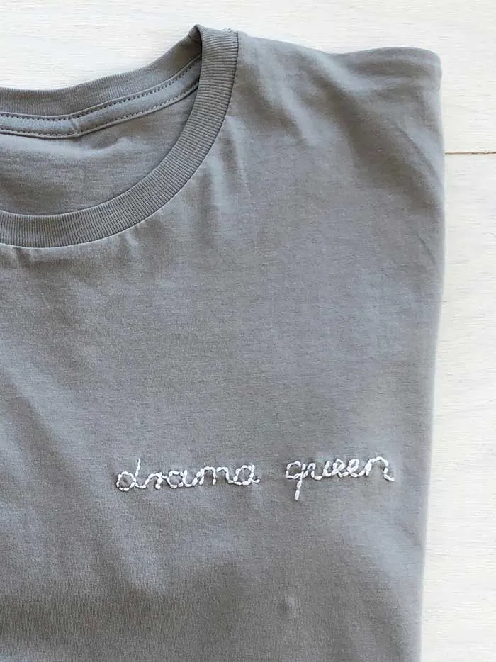 Custom Phrase Embroidery T-Shirt, Cozy T shirt with Drama queen text