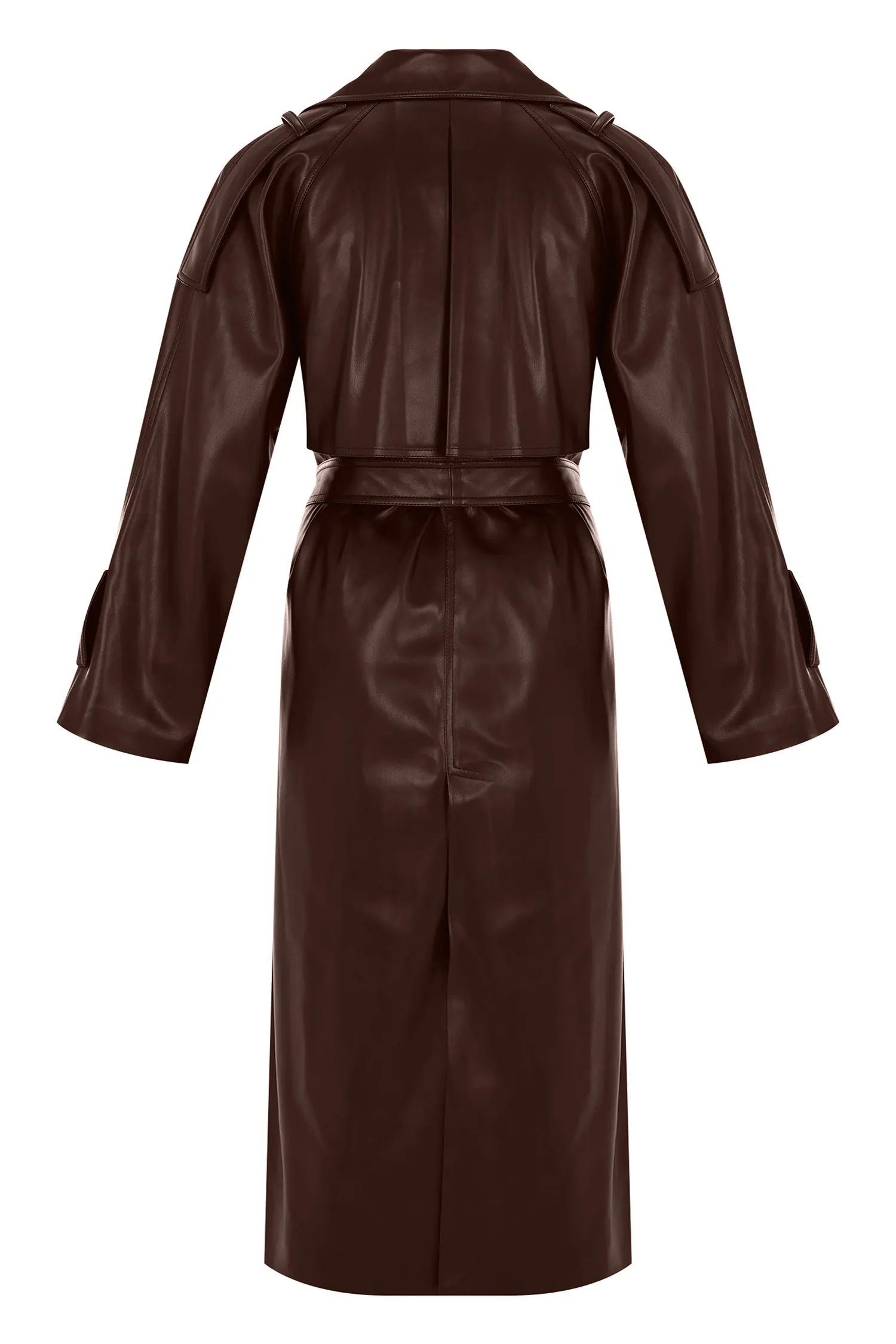 DARK BROWN VEGAN LEATHER TIE DETAILED TRENCHCOAT