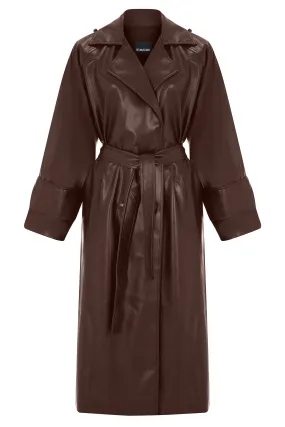 DARK BROWN VEGAN LEATHER TIE DETAILED TRENCHCOAT