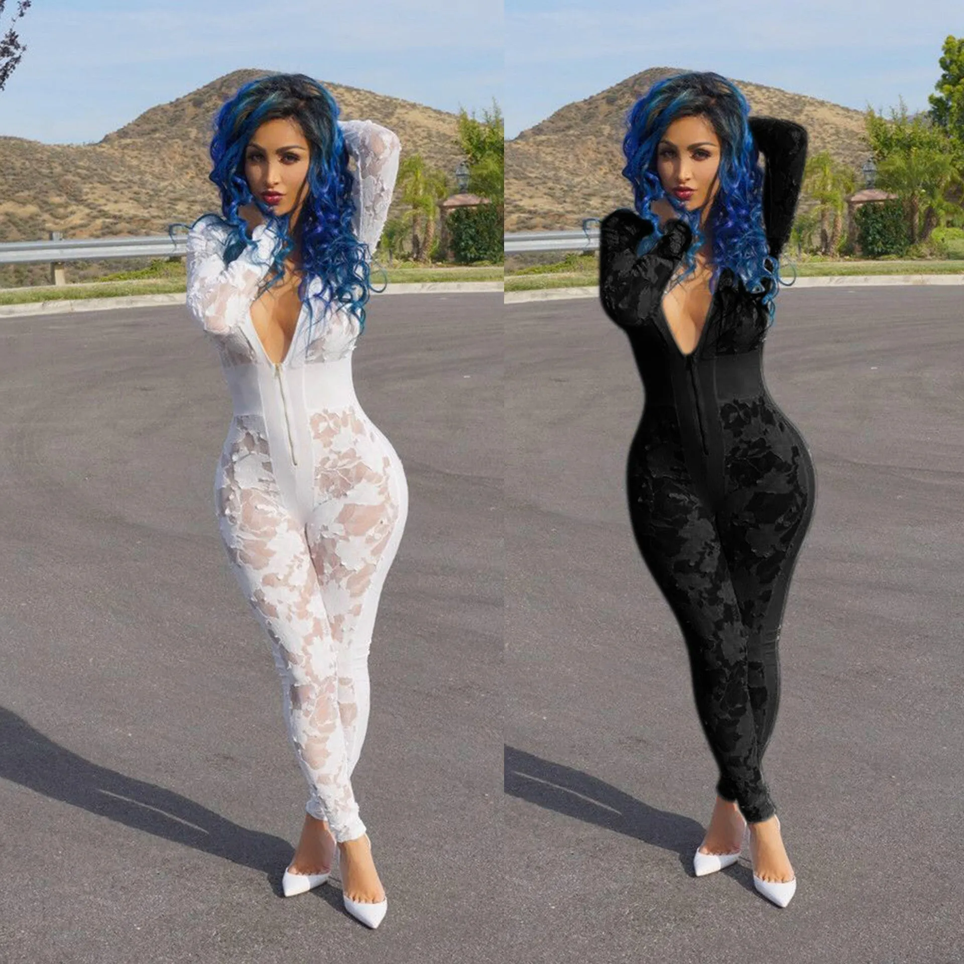 Deep V-neck Burn-out See-Through Zipper Long Jumpsuit