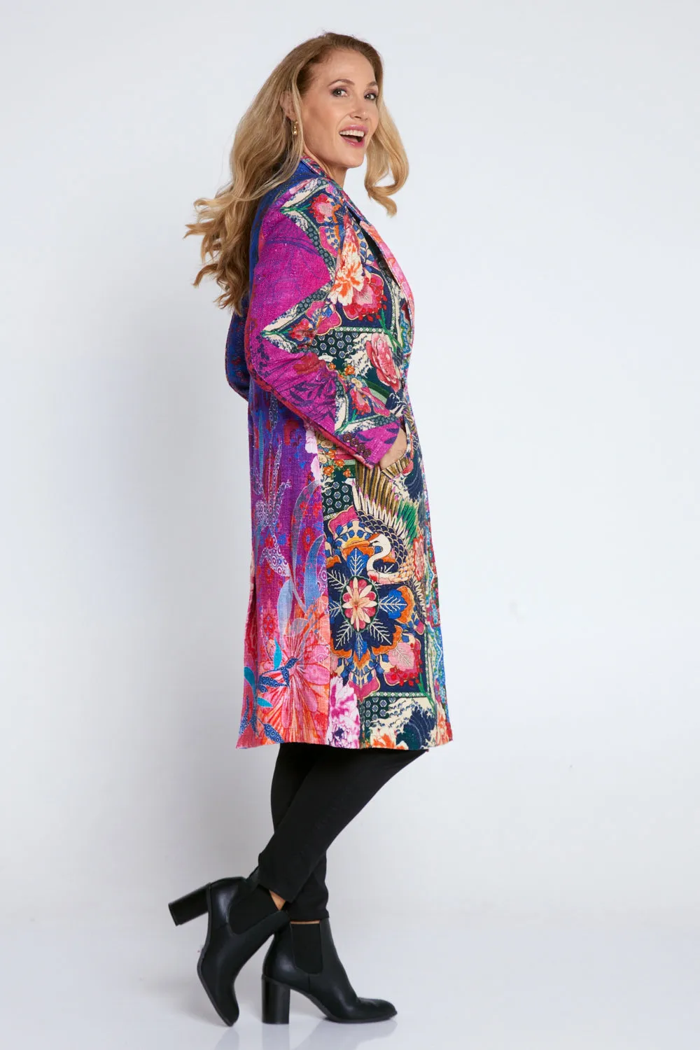 Digital Print Long Cotton Coat - Botanical Bliss