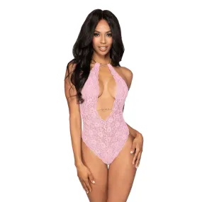 Dreamgirl Lingerie Stretch Lace Halter Teddy & Collar with Removable Chains - 12483