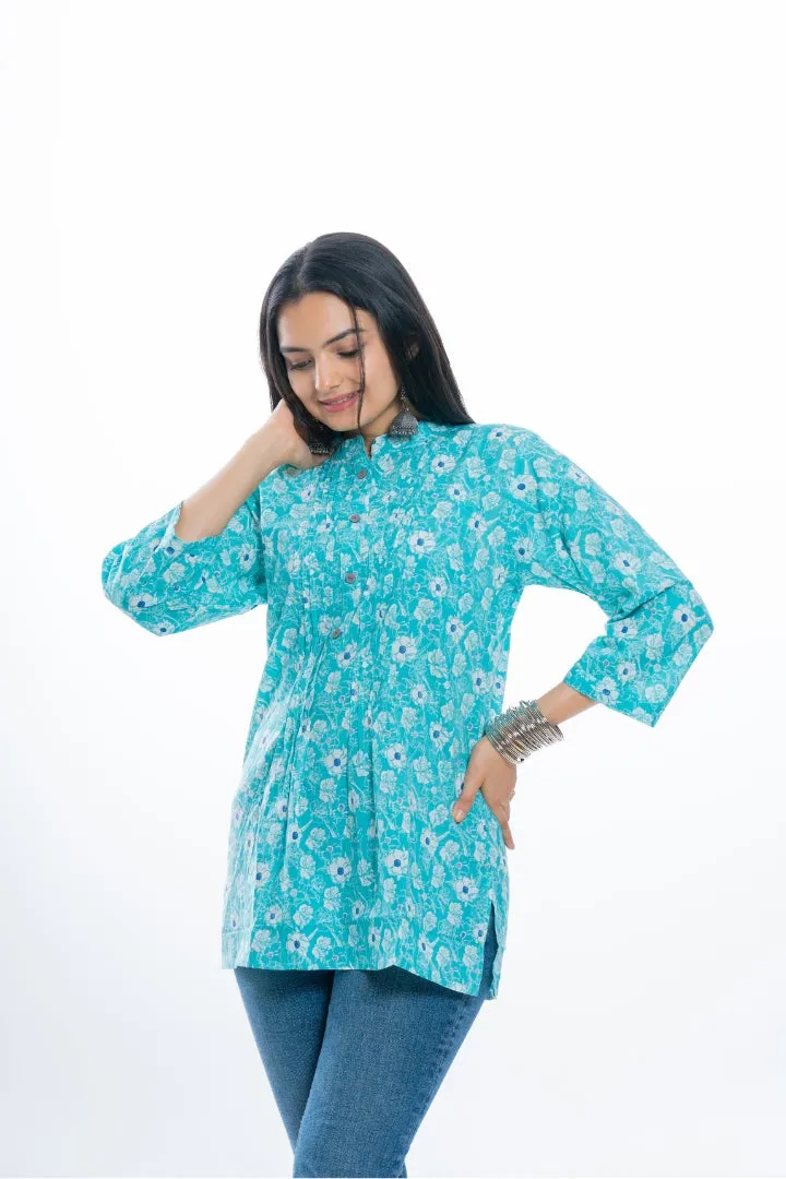 Ekisha's women pleated C-green multicolor printed cotton tunic top short kurti