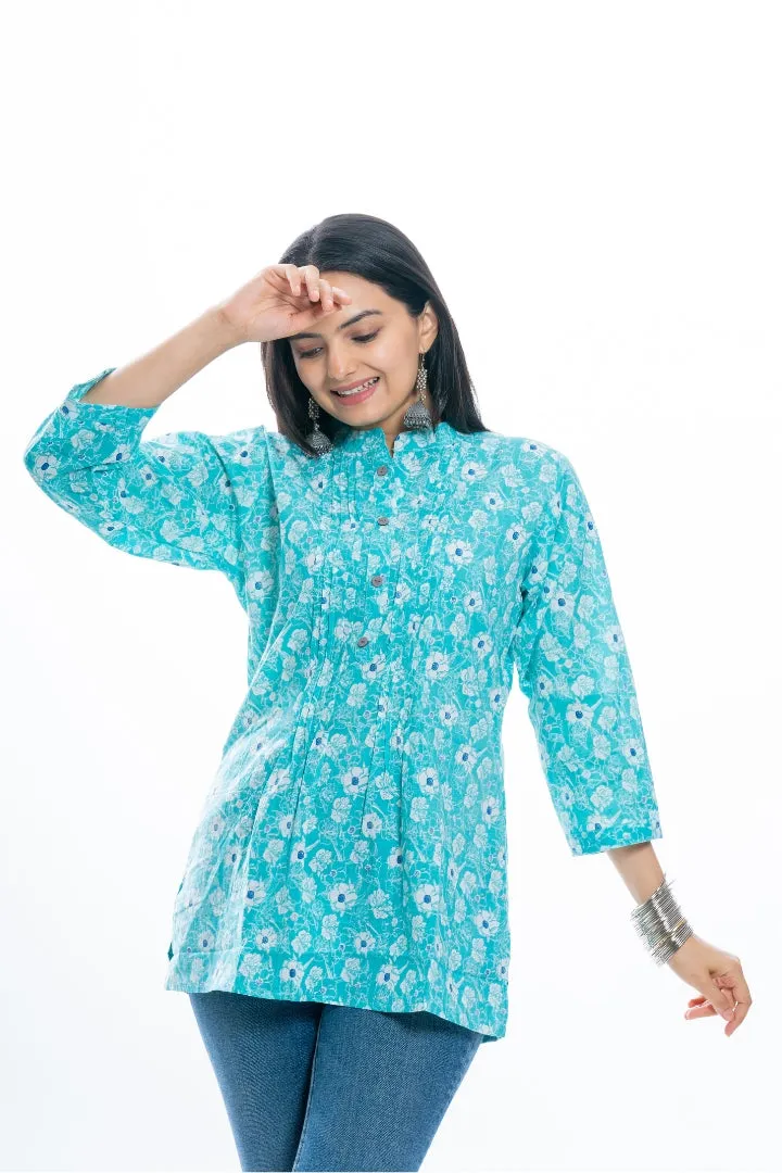 Ekisha's women pleated C-green multicolor printed cotton tunic top short kurti