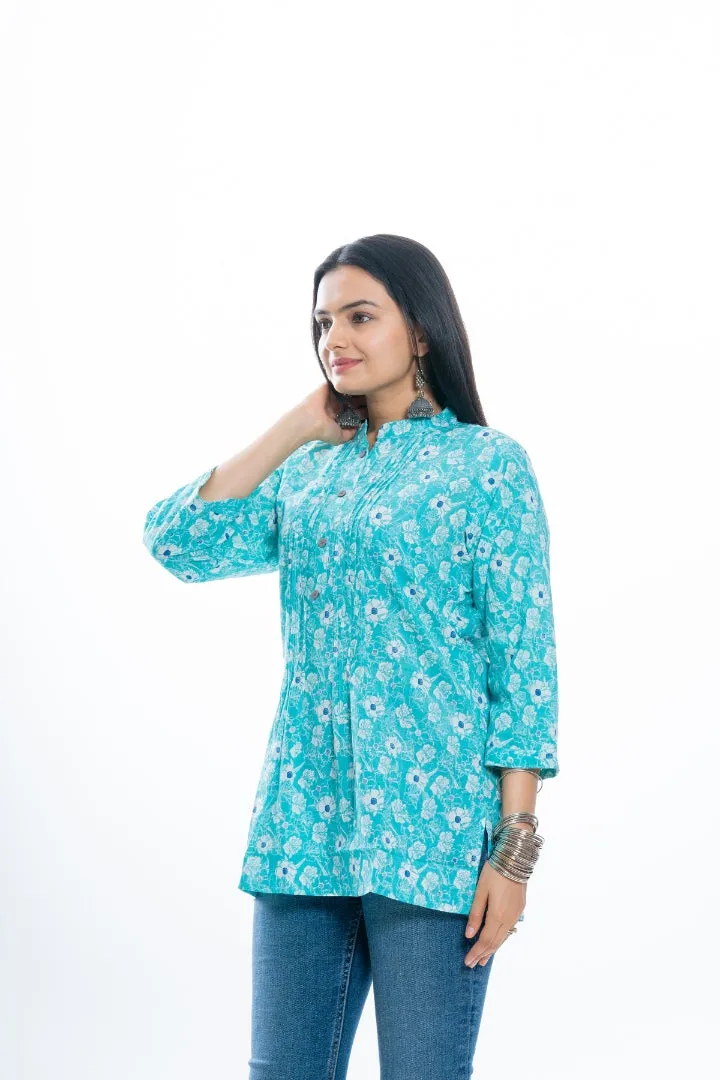 Ekisha's women pleated C-green multicolor printed cotton tunic top short kurti