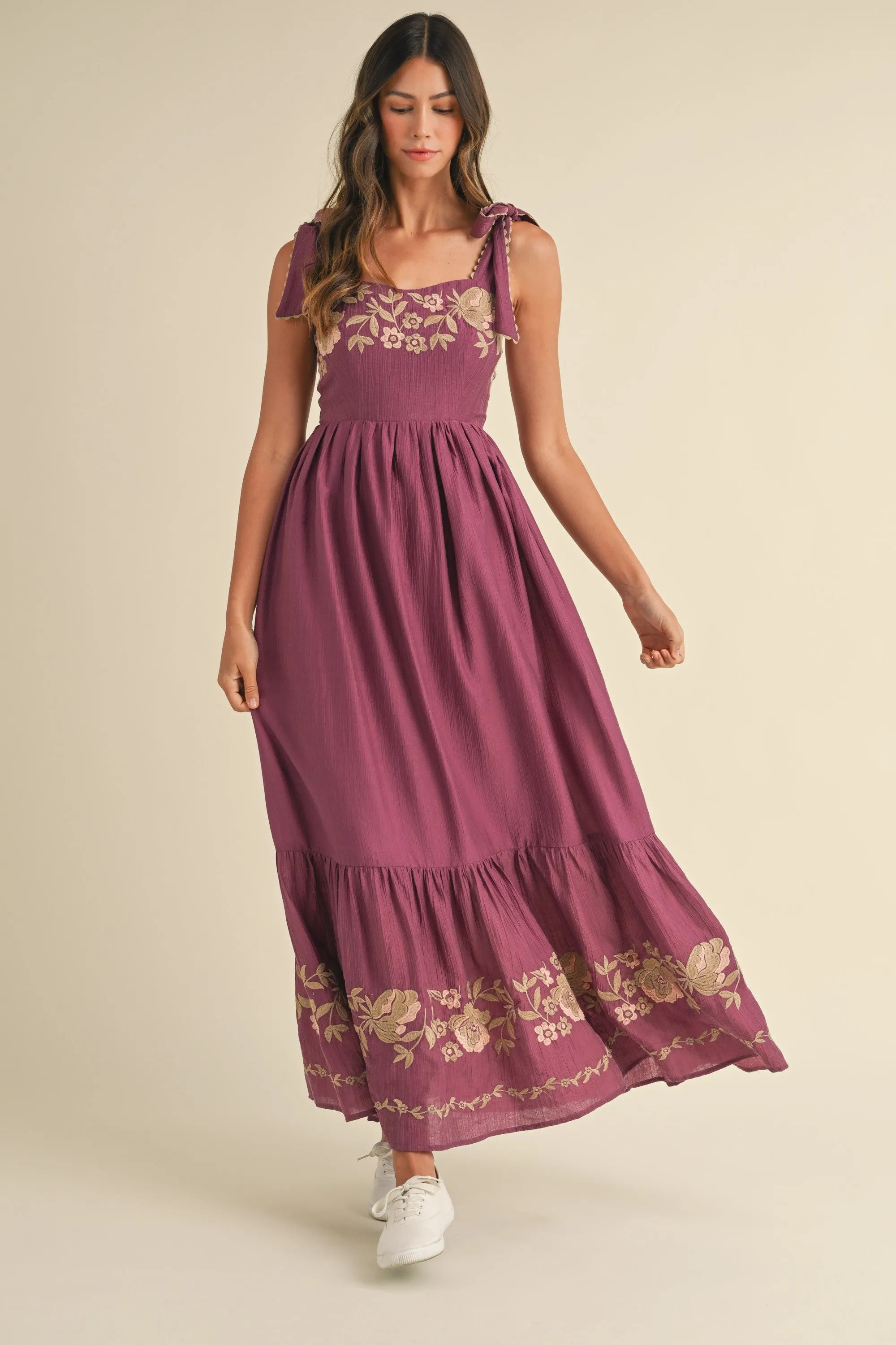 Eliana Embroidered Floral Tiered Maxi Dress - Magenta