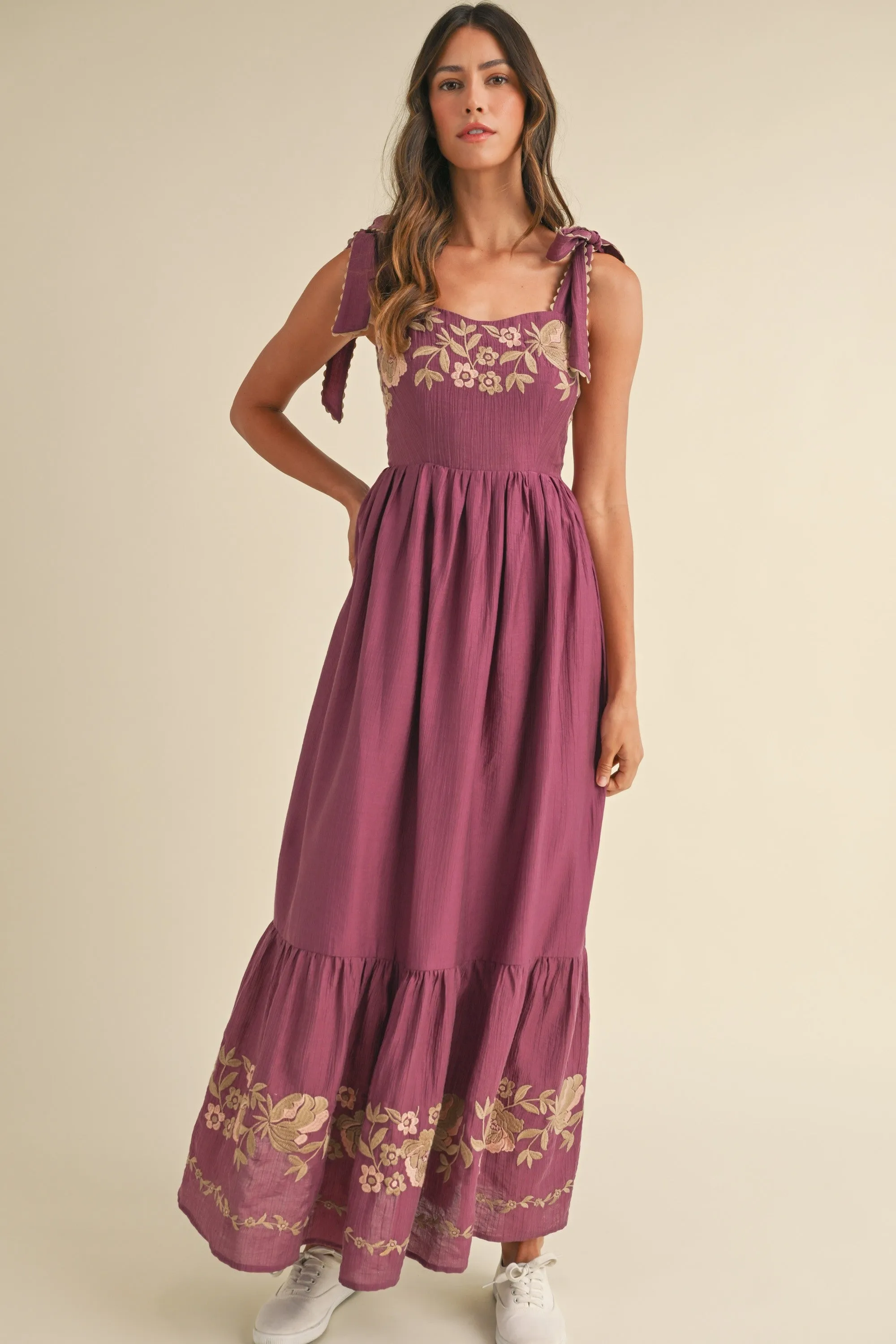 Eliana Embroidered Floral Tiered Maxi Dress - Magenta