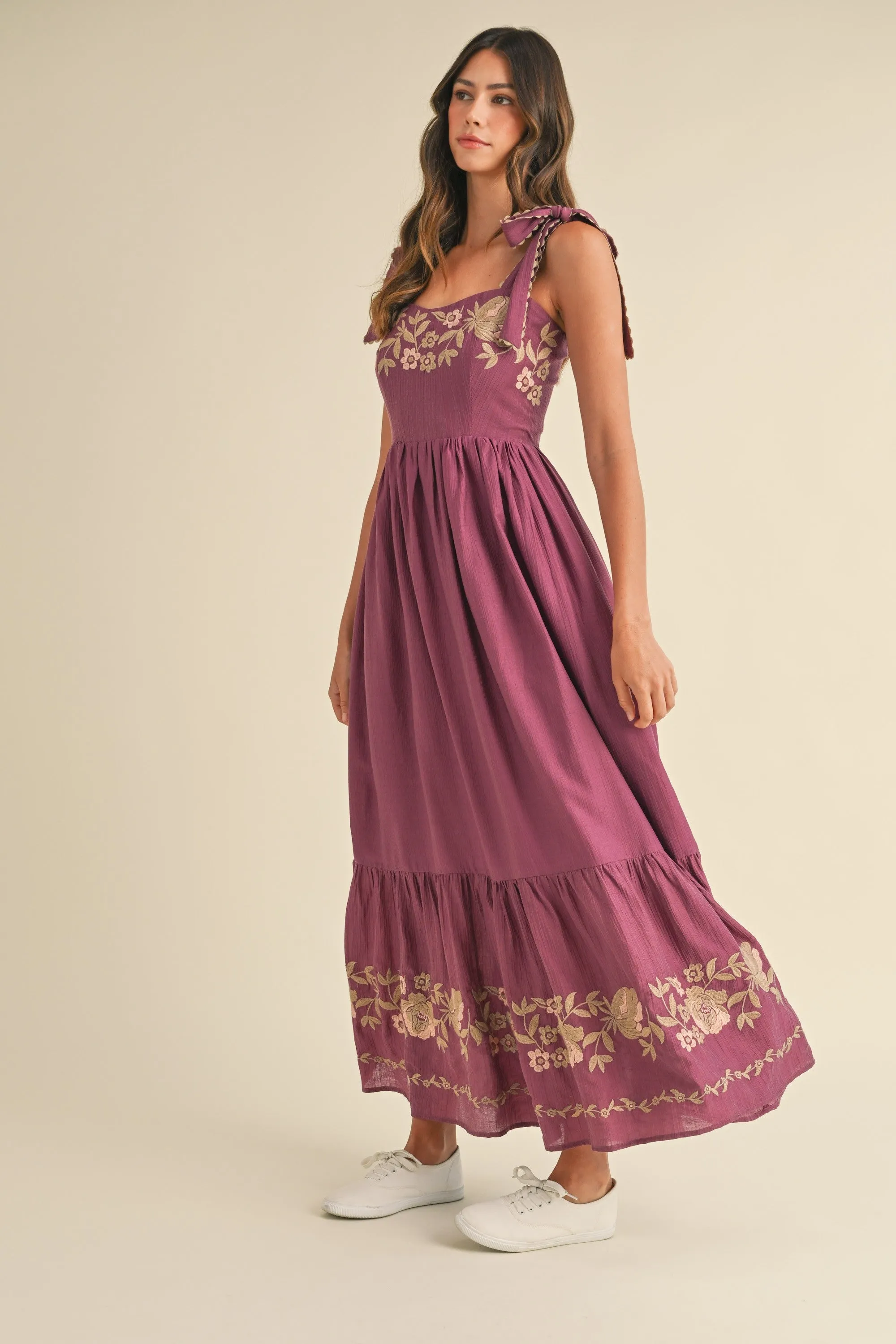 Eliana Embroidered Floral Tiered Maxi Dress - Magenta