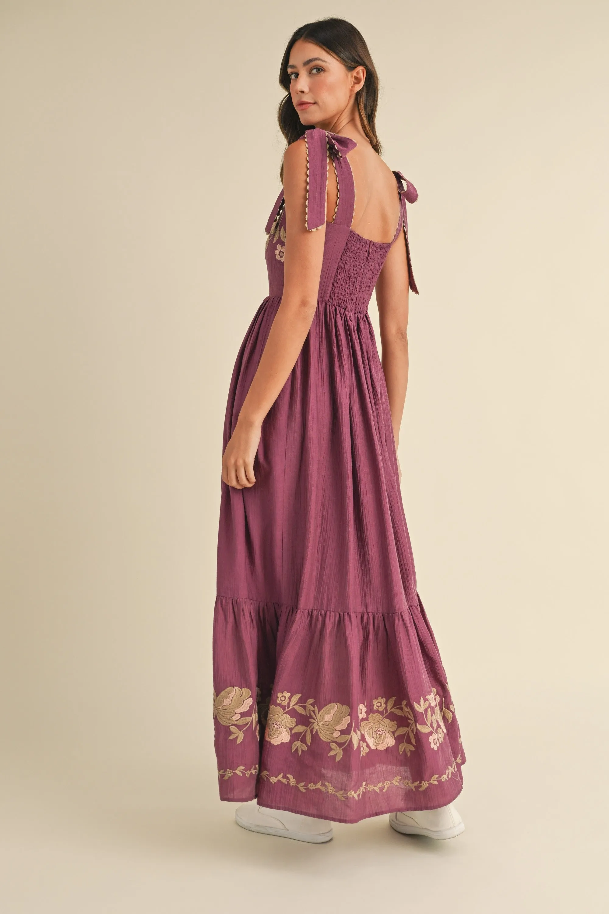 Eliana Embroidered Floral Tiered Maxi Dress - Magenta