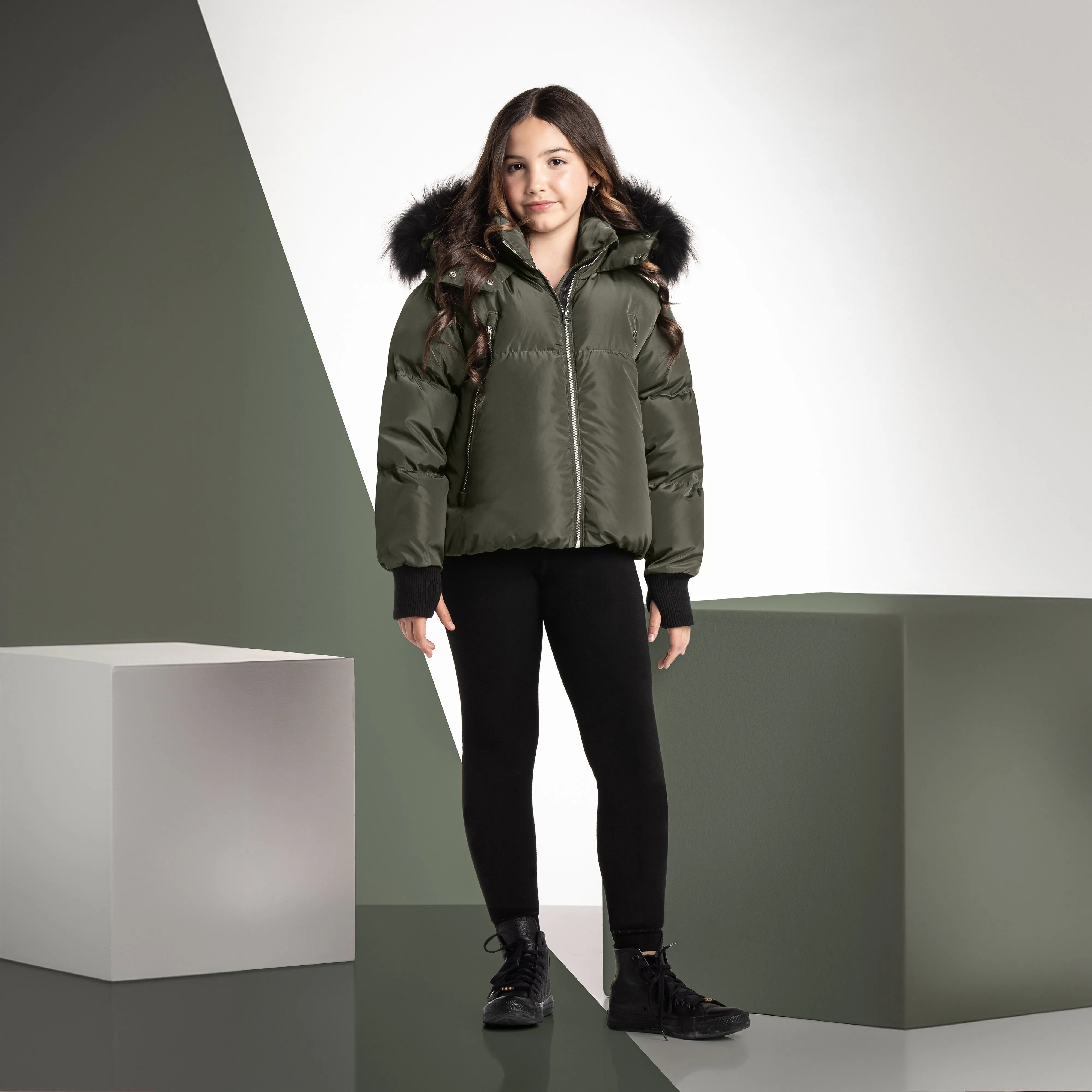 Ellabee Chira  Jacket Zipper Olive Black-Racoon Fur Coat