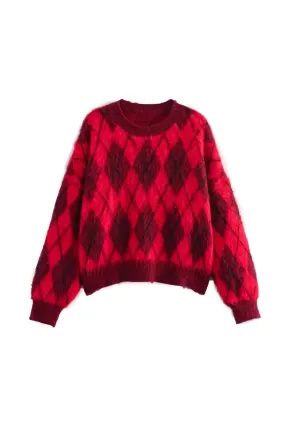 'Emily' Fuzzy Diamond Knit Pullover Sweater