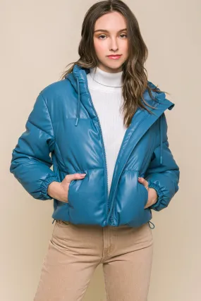 Faux Leather Zip Up Hooded Puffer Jacket