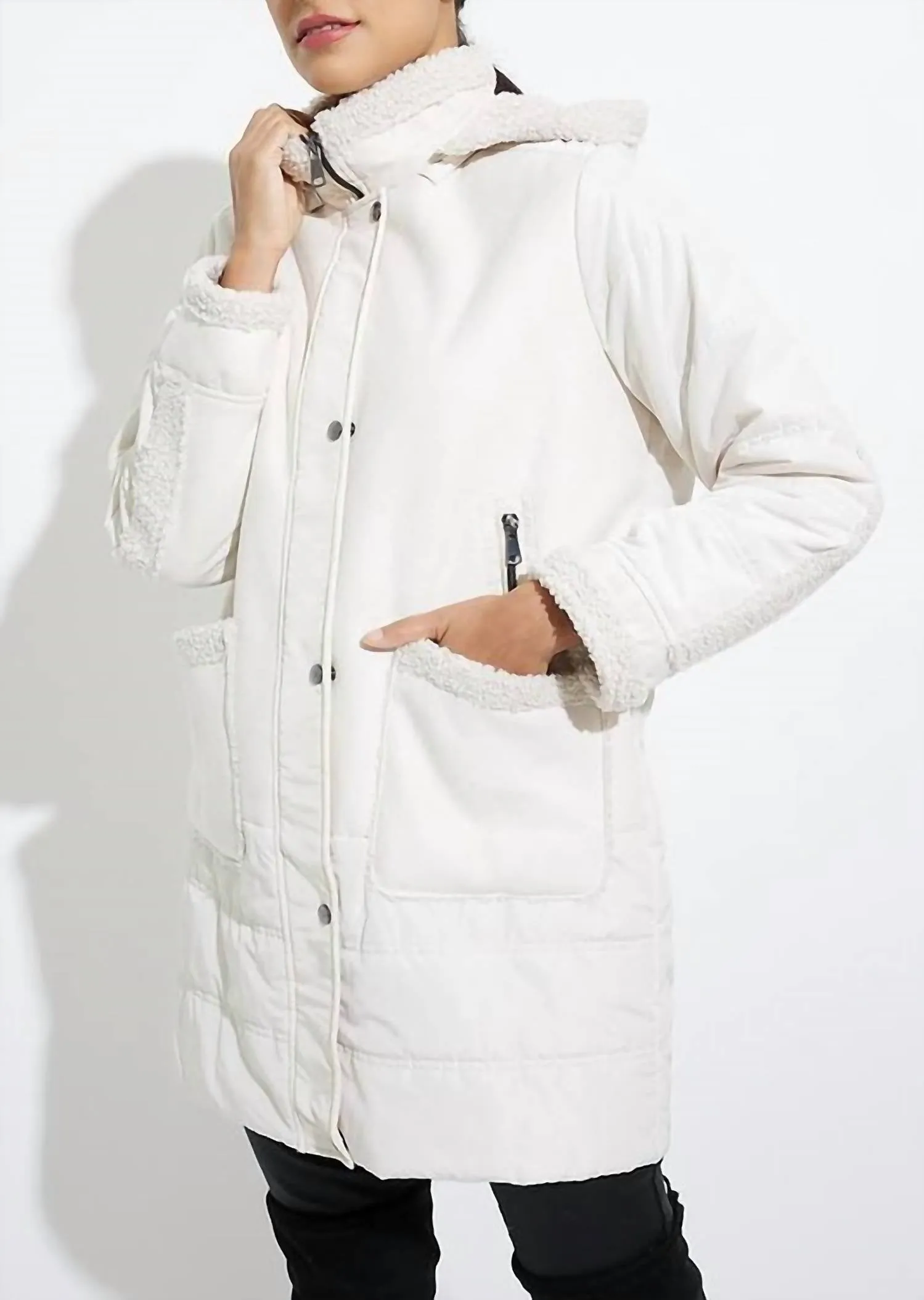 Faux Suede Sherpa Puffer Coat in Ecru