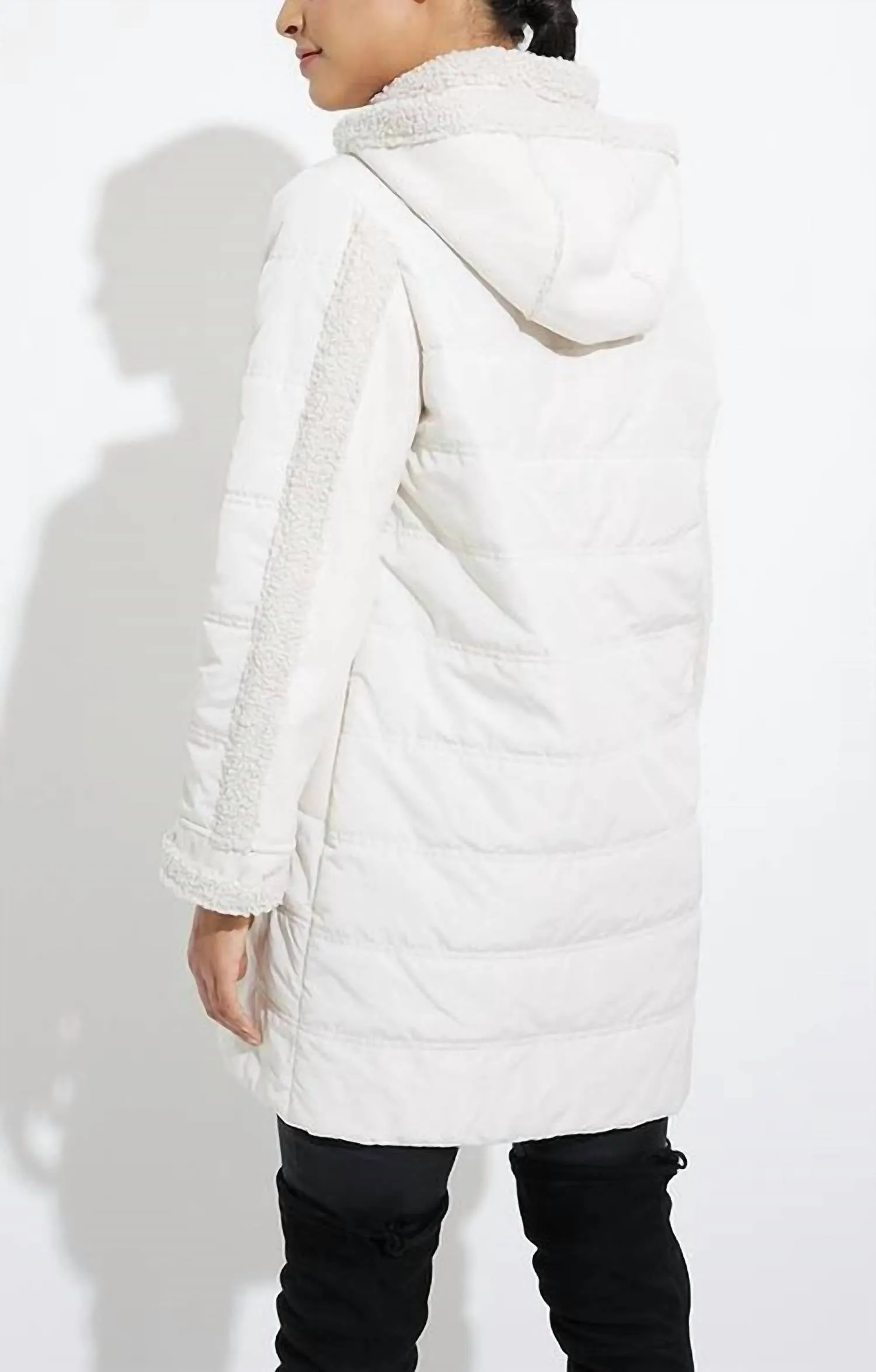 Faux Suede Sherpa Puffer Coat in Ecru