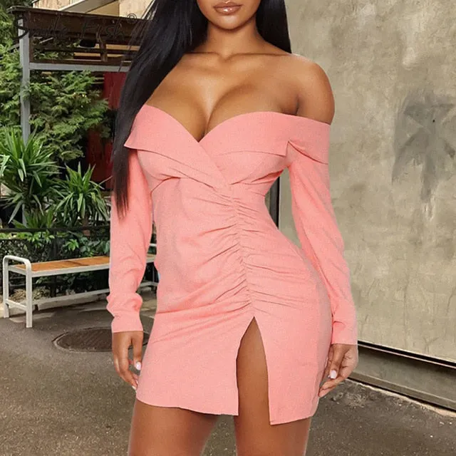 Feminie Off Shoulder Bandage Wrap V- Neck Long Sleeve Women Bodycon Mini Dress