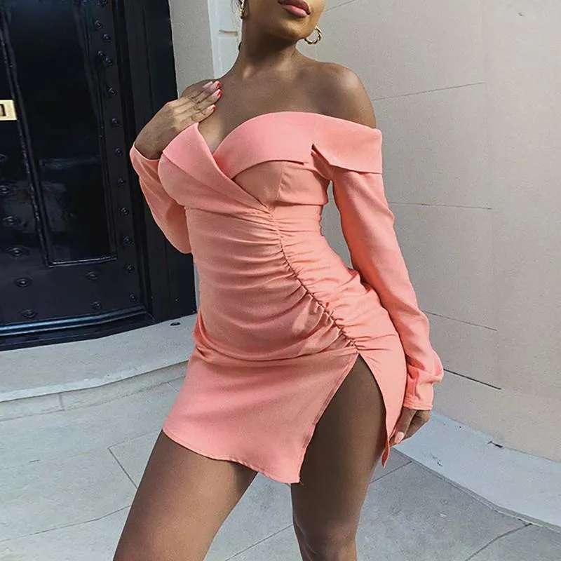 Feminie Off Shoulder Bandage Wrap V- Neck Long Sleeve Women Bodycon Mini Dress