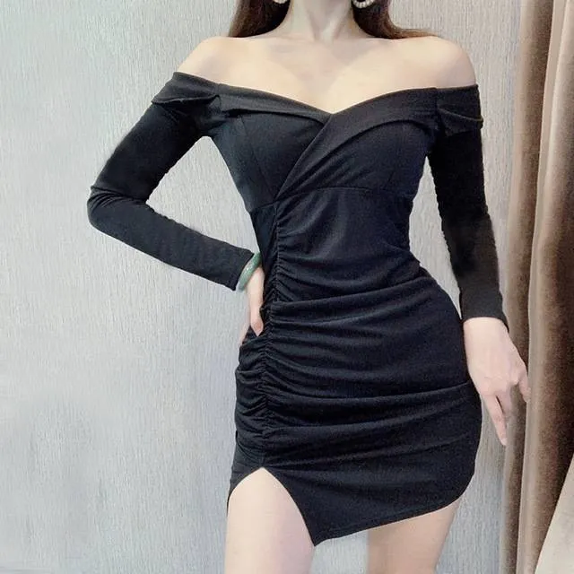 Feminie Off Shoulder Bandage Wrap V- Neck Long Sleeve Women Bodycon Mini Dress