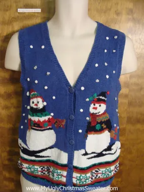 Funny Blue Ugly Christmas Sweater Vest with Snowmen