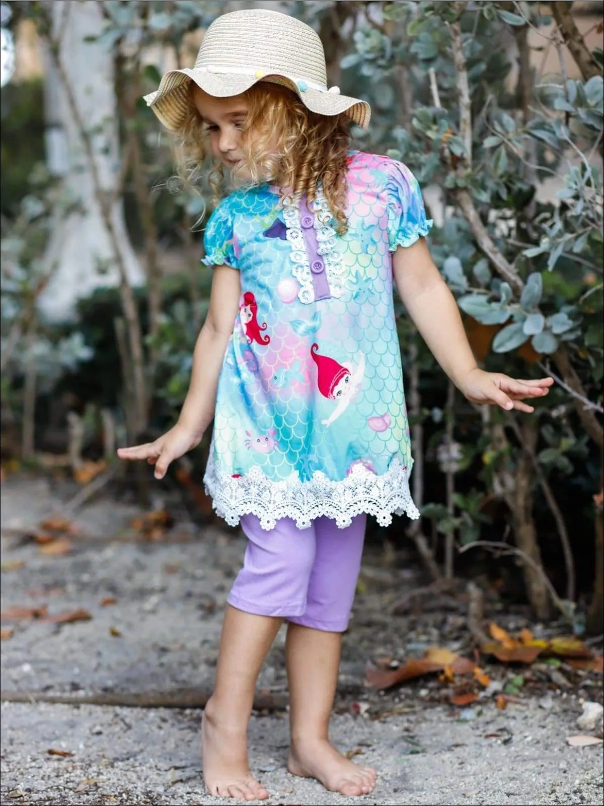 Girls Mermaid Print Lace Tunic And Capri Legging Set