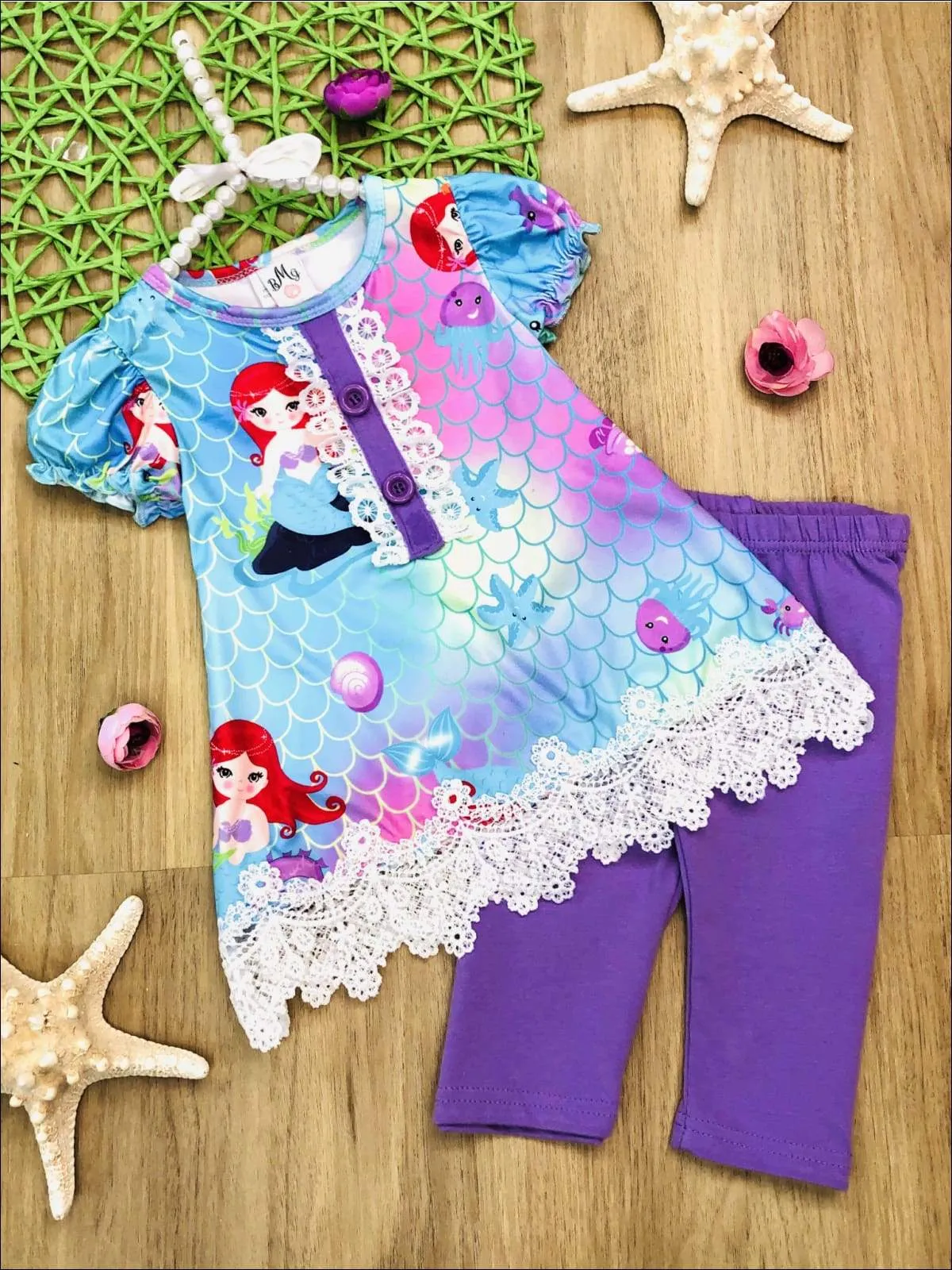 Girls Mermaid Print Lace Tunic And Capri Legging Set