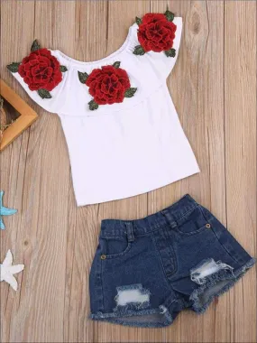 Girls Ruffled Flower Applique Tunic And Denim Short Set