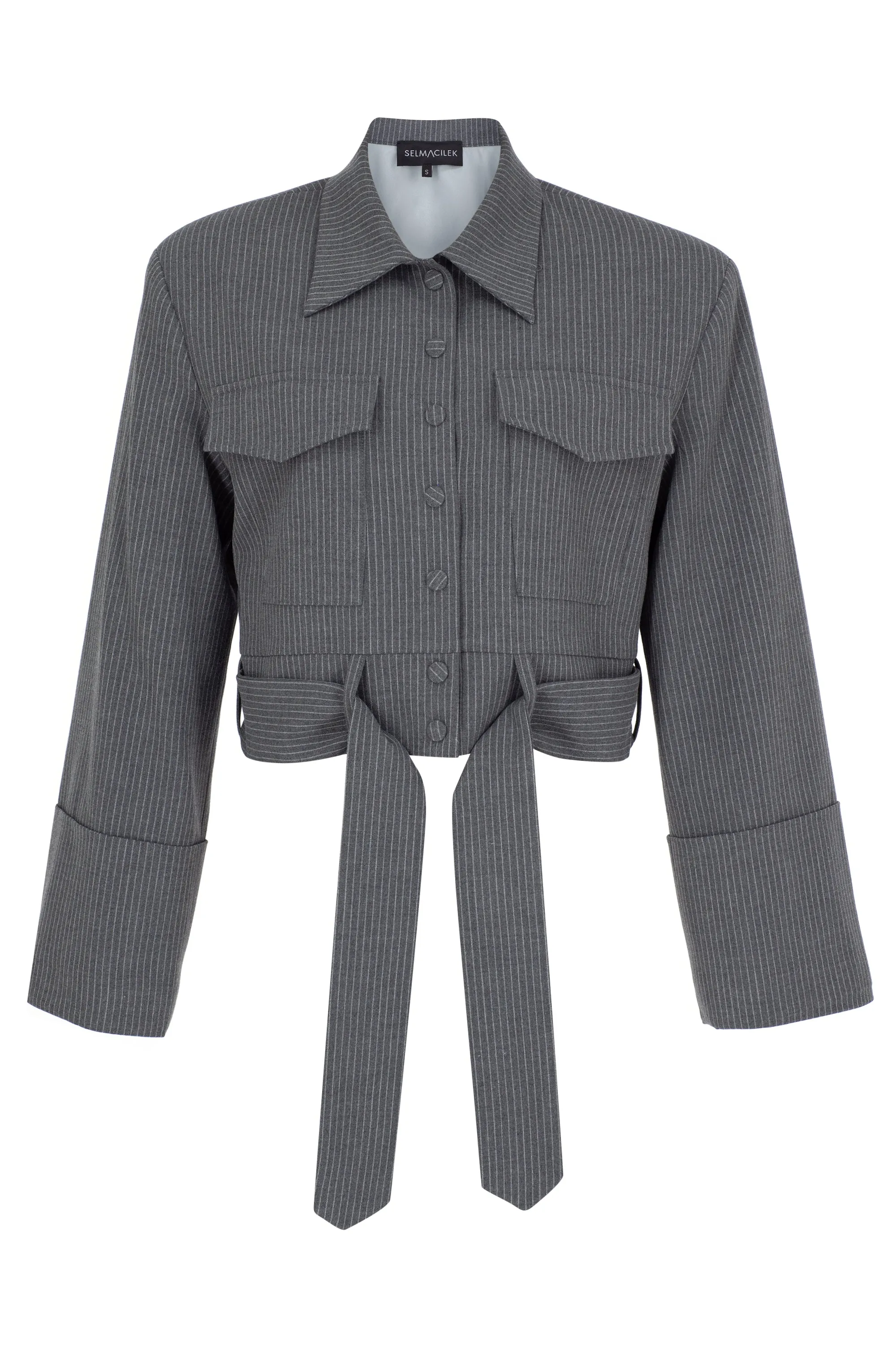 GREY STRIPED TIE DETAILED JACKET