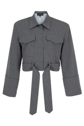 GREY STRIPED TIE DETAILED JACKET