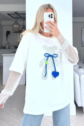 Heart Teddy White embellished sheer sleeve top