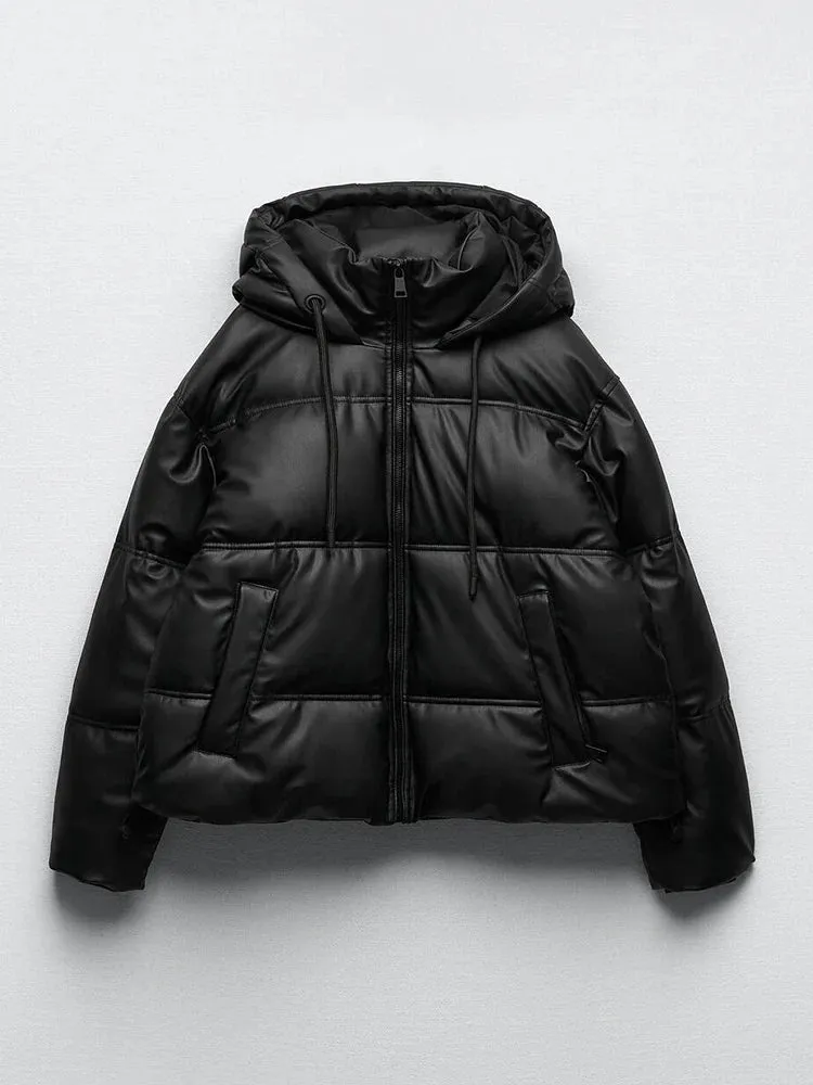 Hip-Length Puffer Jacket with Hood for Women