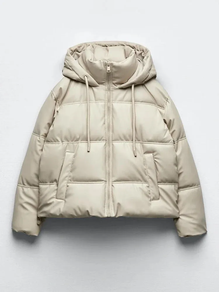 Hip-Length Puffer Jacket with Hood for Women