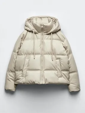 Hip-Length Puffer Jacket with Hood for Women