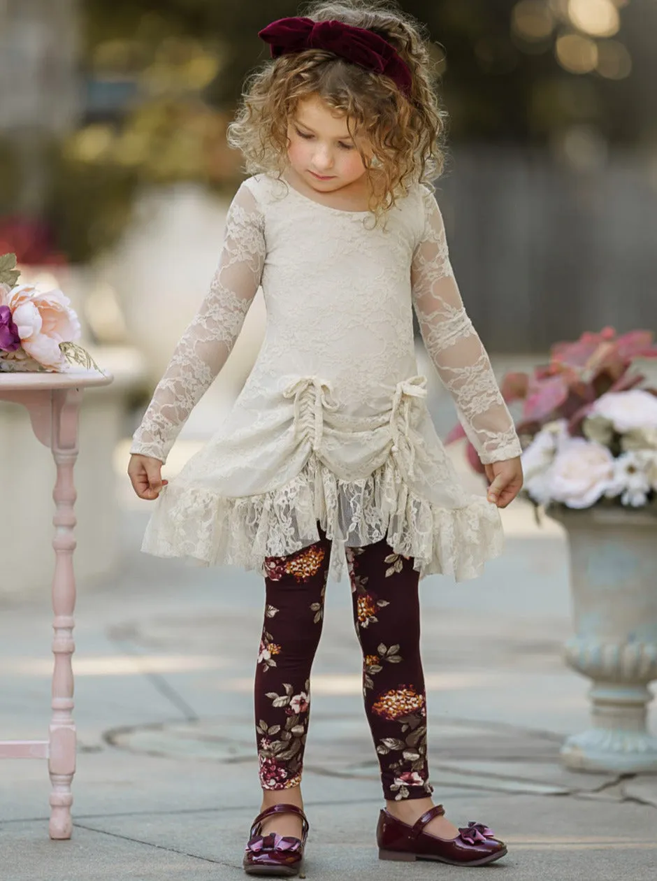 Ivory Lace Drawstring Tunic and Legging Set