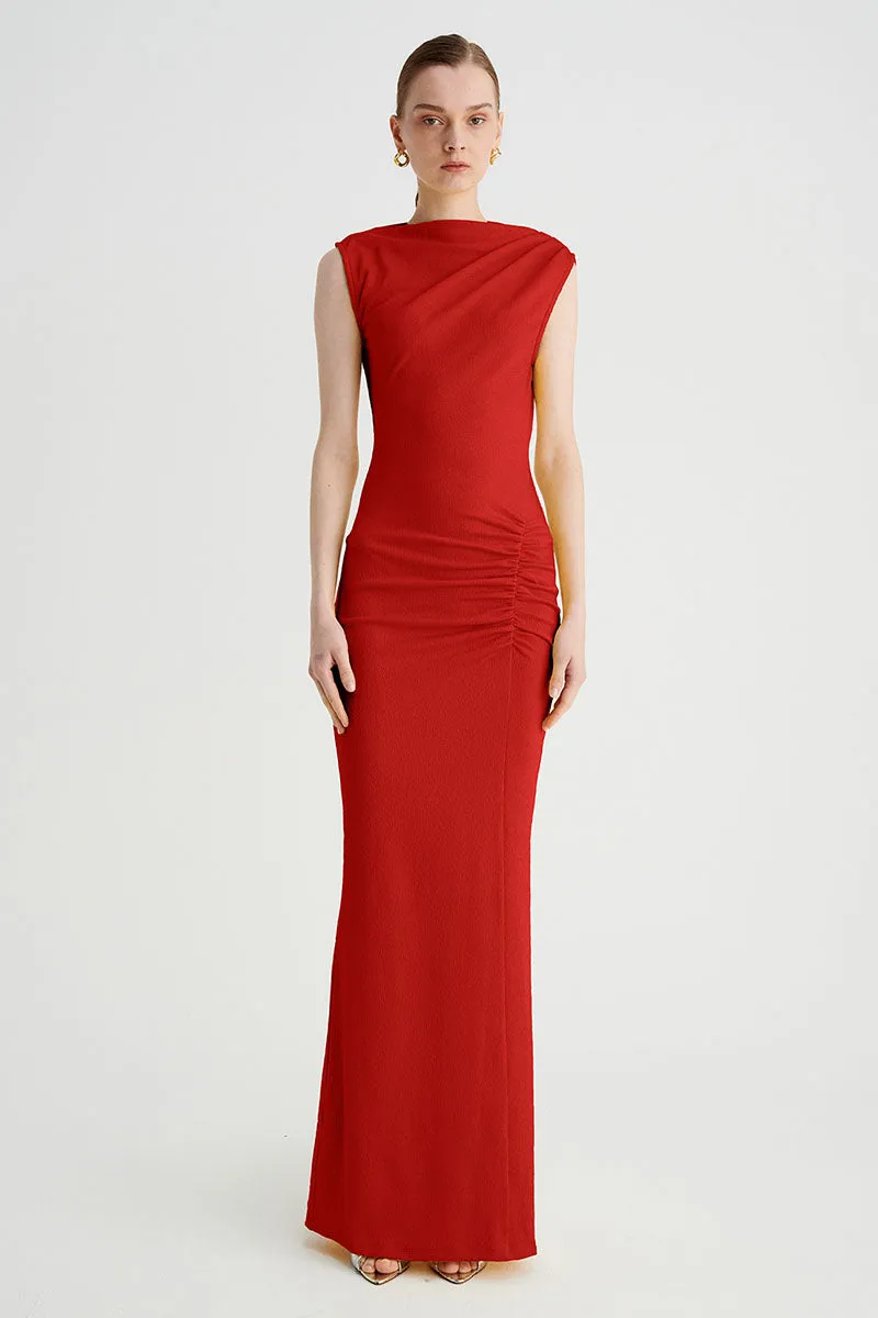 Jacqui Rouched Front Midi Dress  - Red