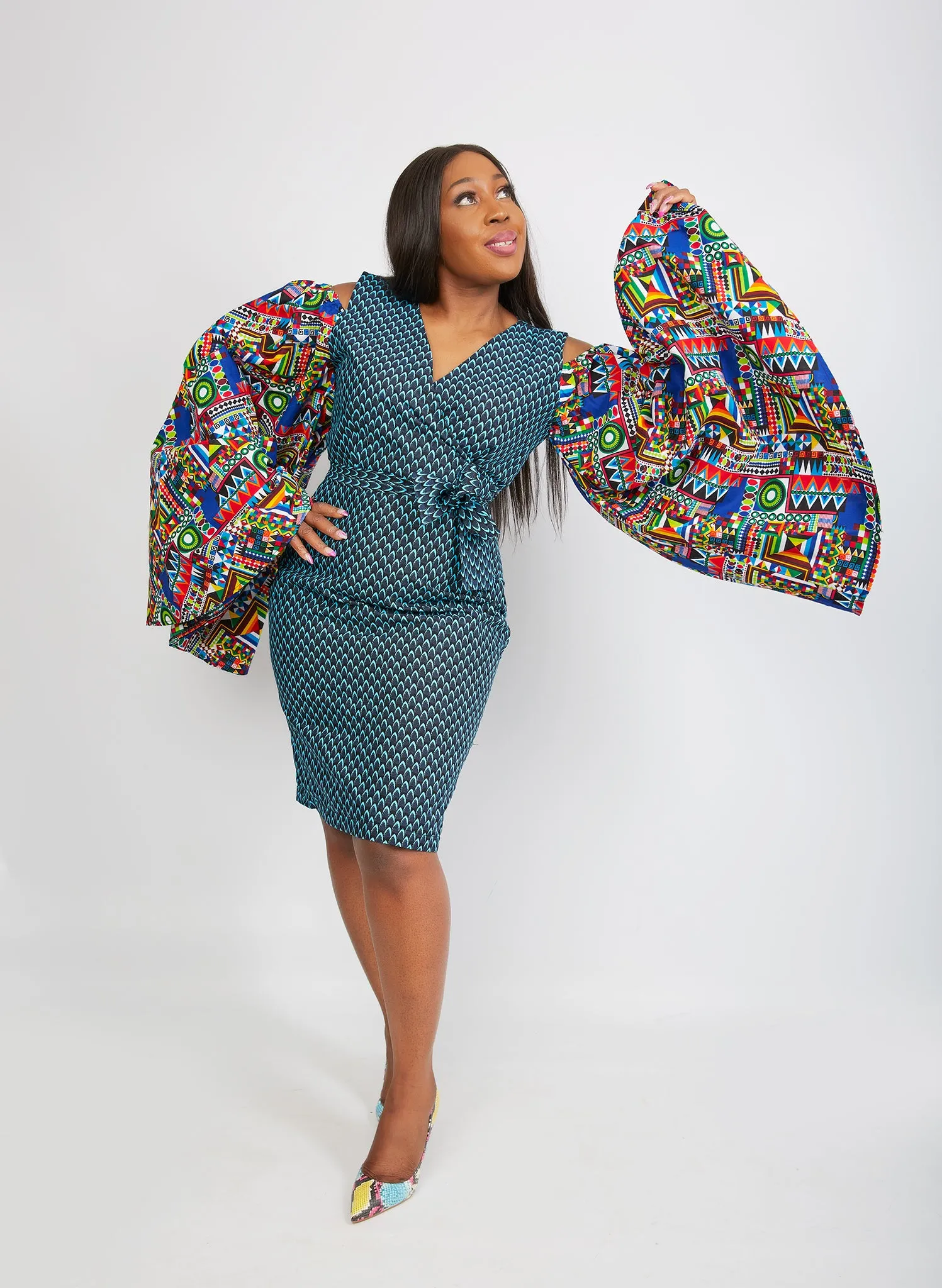 Just Arrived African Print Fitted Dress with Cut-out Sleeves - Busola