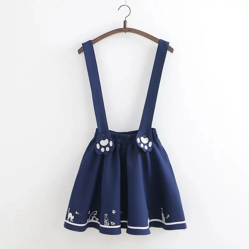 kawaii embroidered kitten footprints sweet suspender skirt pleated overall for juniors