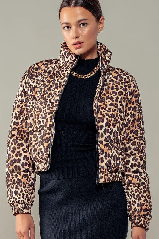 Leopard Print Bomber Puffer Jacket