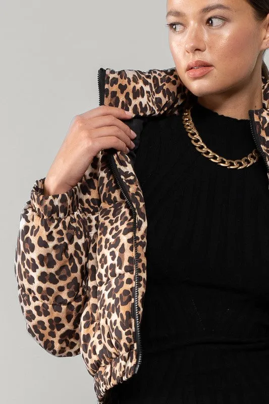 Leopard Print Bomber Puffer Jacket