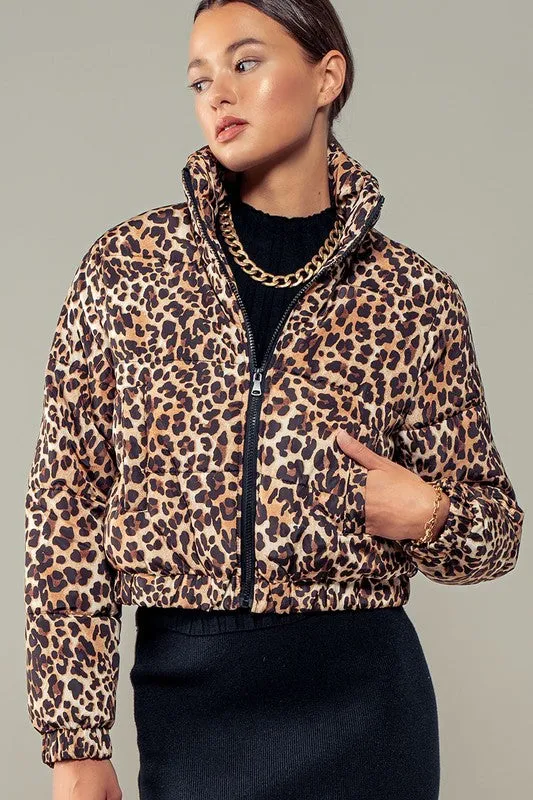 Leopard Print Bomber Puffer Jacket